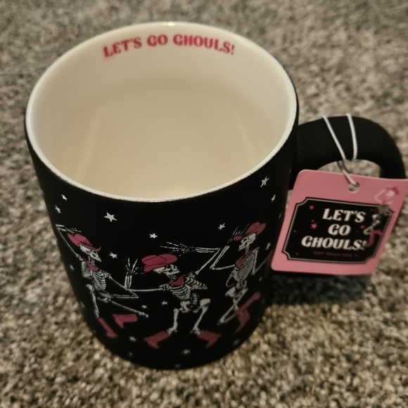 Let Go Ghouls soft touch Mug black pink dancing Skeletons Halloween Rare - Picture 4 of 4